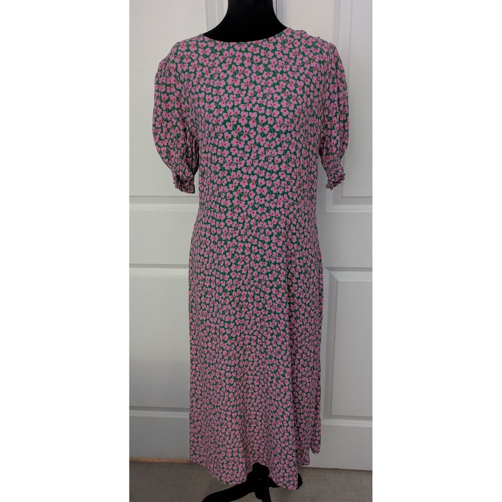 Boden Corinne Floral Midi Dress Pink Green Bias Cut Short Sleeve Size 10R
